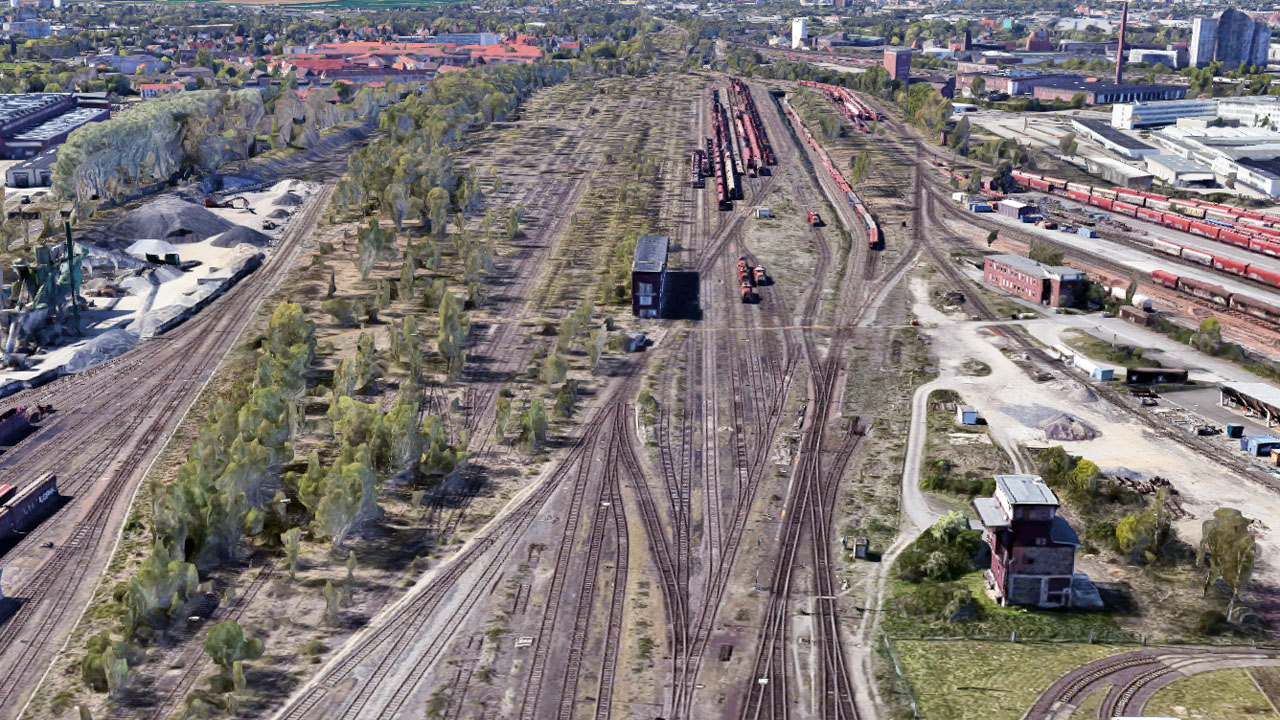 Vergleichsbild Rangierbahnhof und Güterbahnhof mit Ladegleisen in Braunschweig 1945 und heute