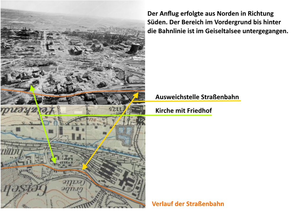 Gegenüberstellung und historischer Kartenauszug mit Straßenbahngleise in Krumpa