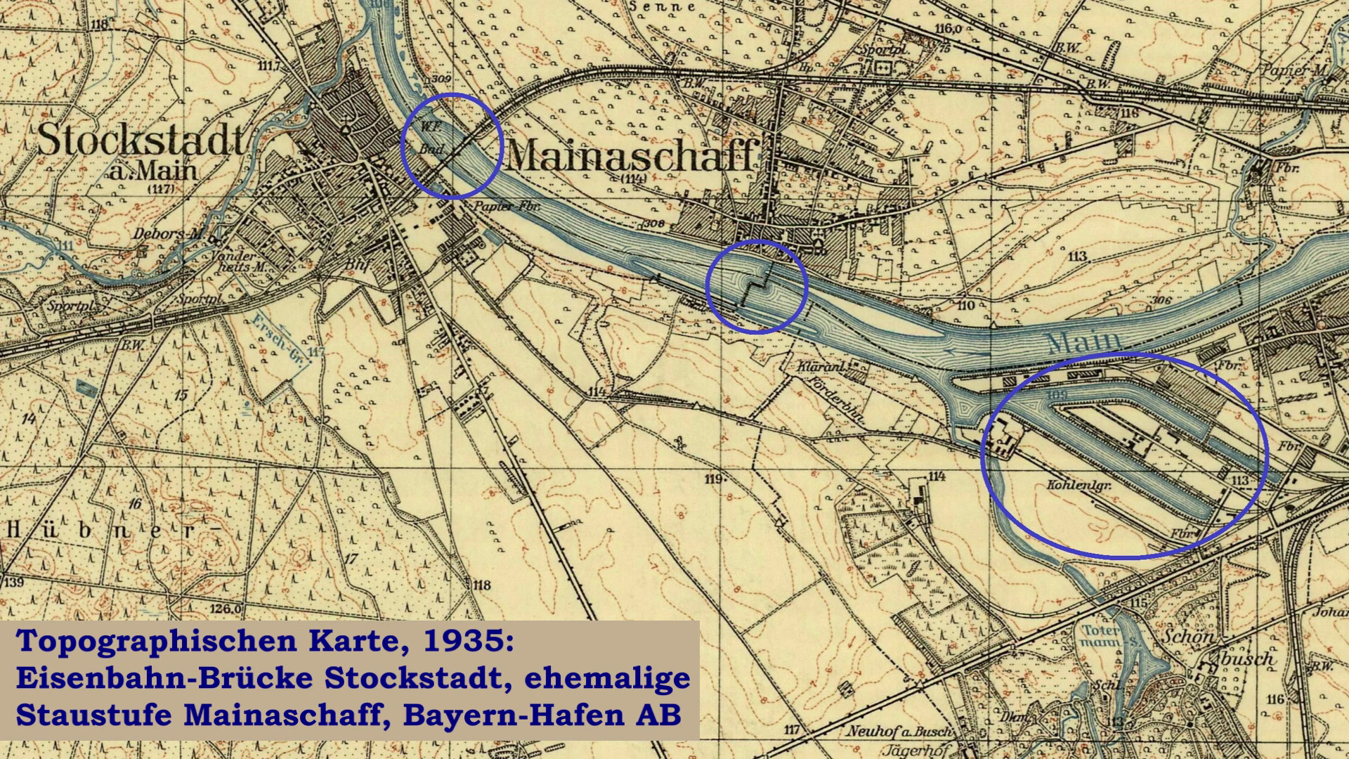 Topographische Karte von 1935 Stockstadt, Mainaschaff und Bayern-Hafen AG