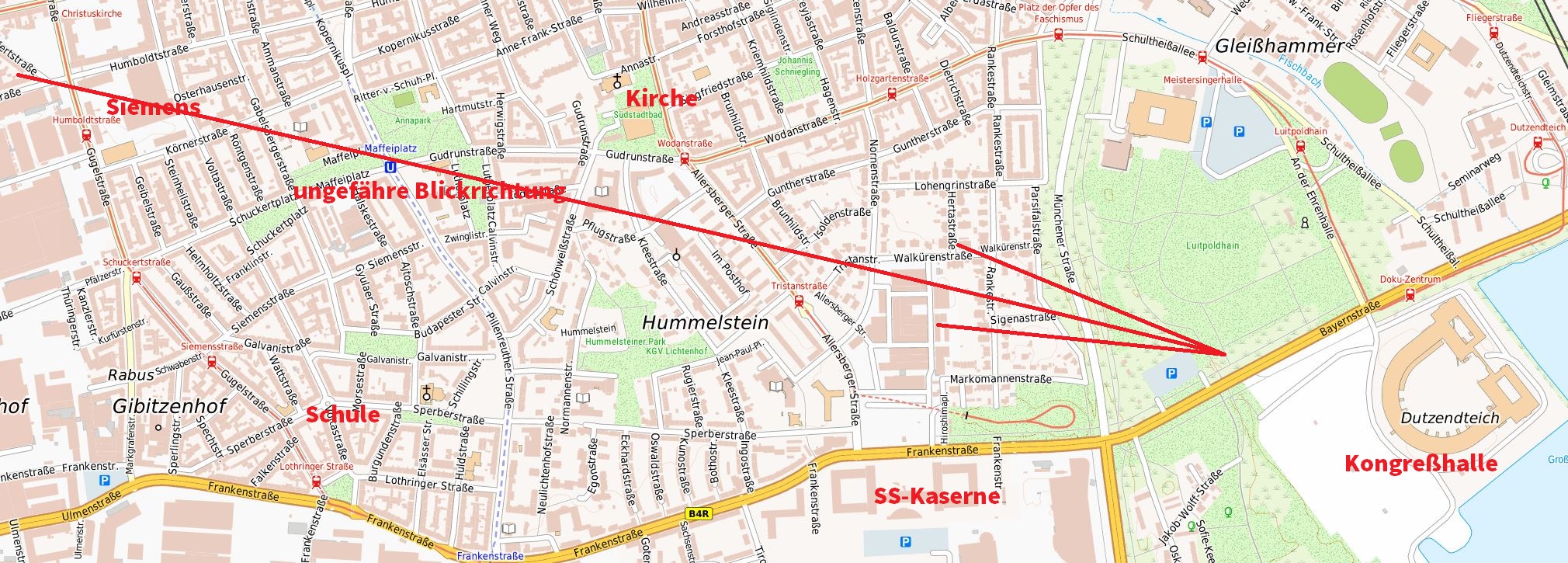 Nürnberg - Stadtplan mit Blickrichtung