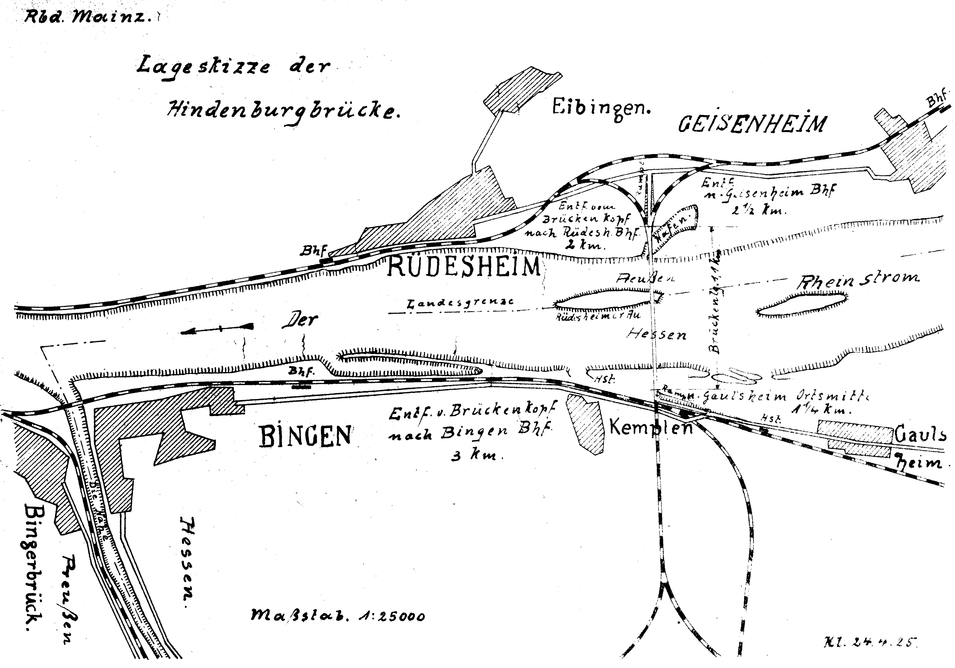 Lageskizze Hindenburgbrücke am Rhein - Reichsbahndirektion Mainz