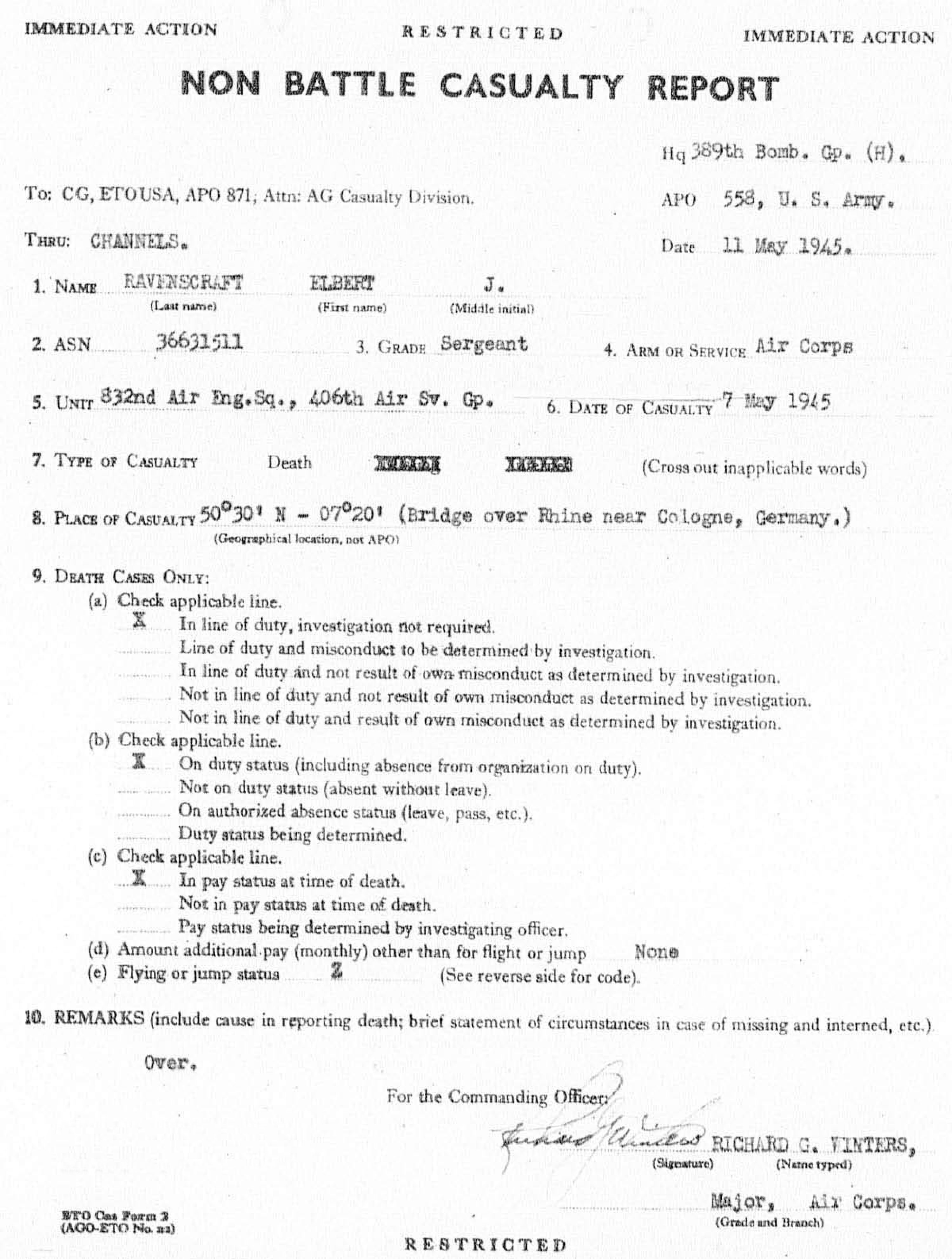 Elbert Ravenscraft - Non Battle Casualty Report - May 1945
