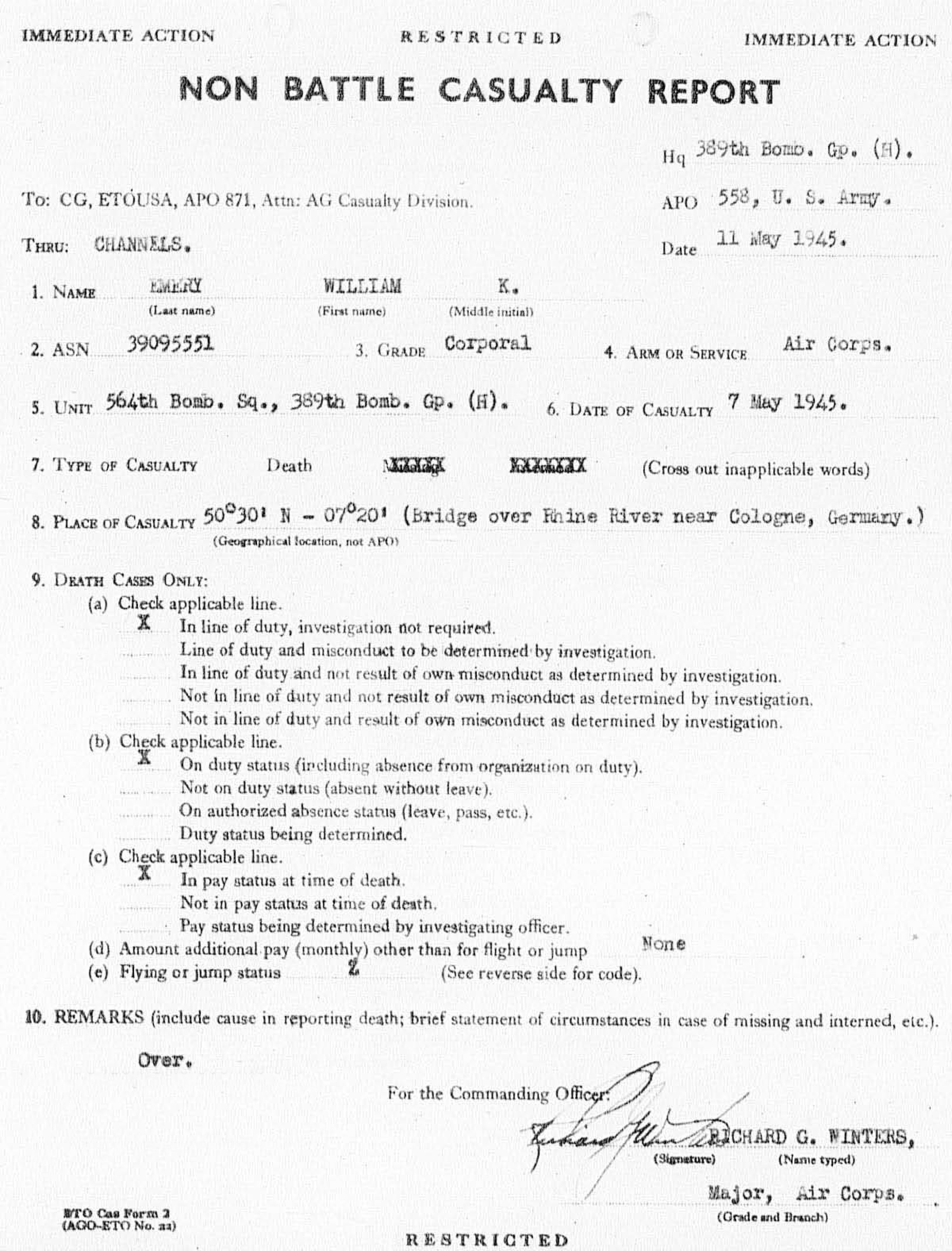 William Emery - Non Battle Casualty Report - May 1945