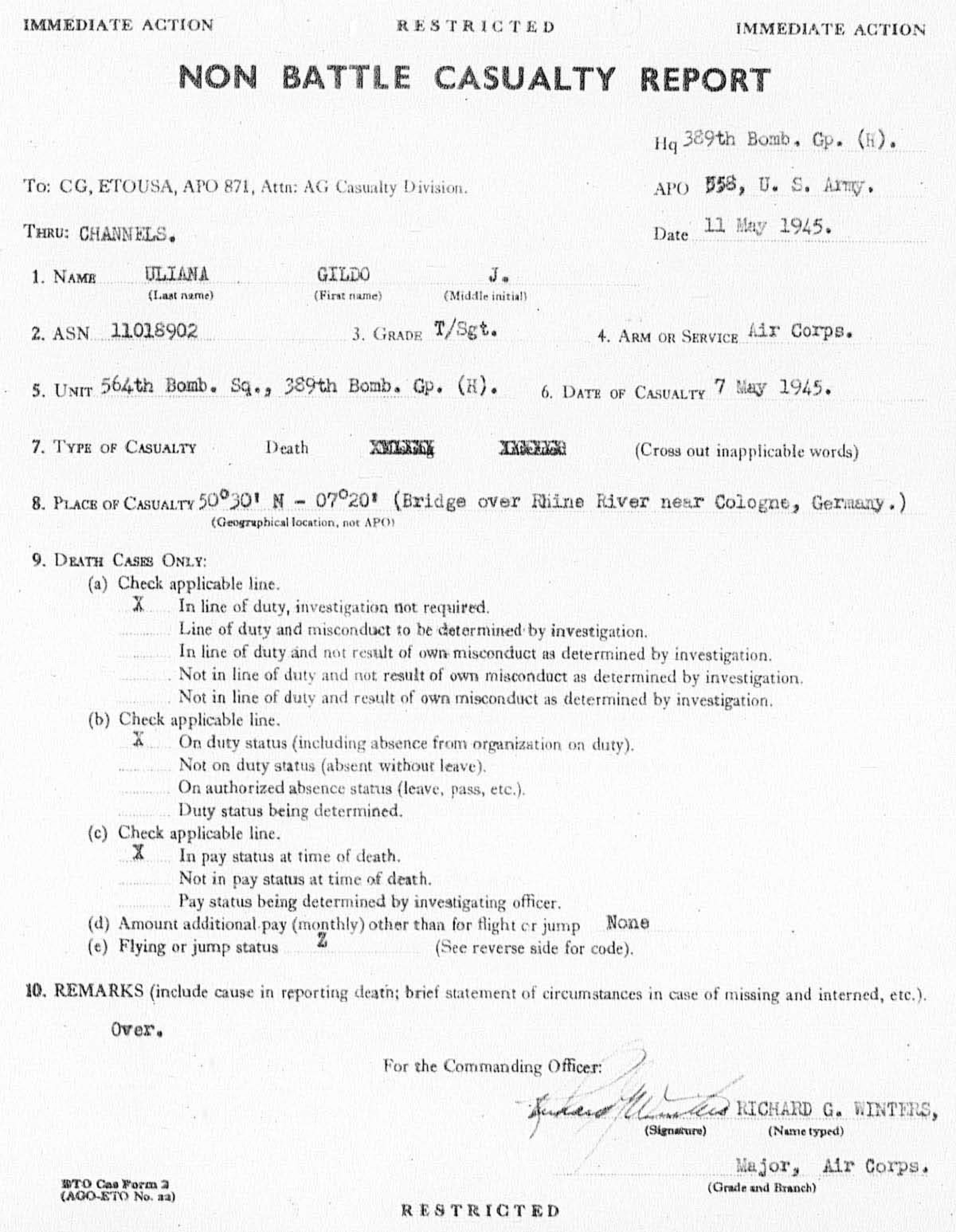 Gildo Uliana - Non Battle Casualty Report - May 1945