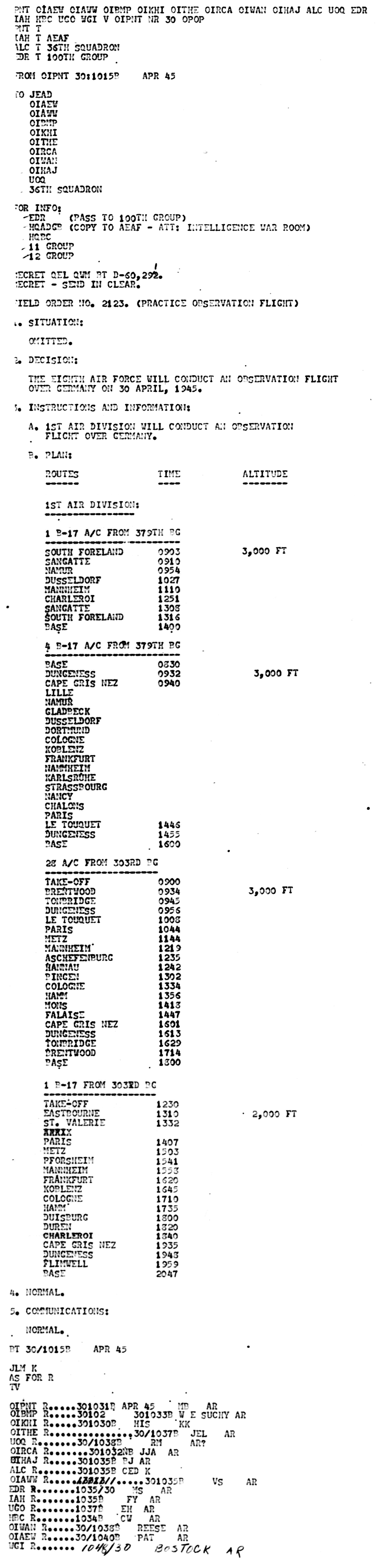 Flight plan on April 30, 1945 - Observation Flight over Germany